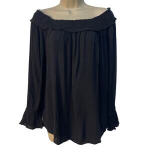 INC International Concepts Long Sleeve Ruched Stretchy Top Elastic Cuffs Black L